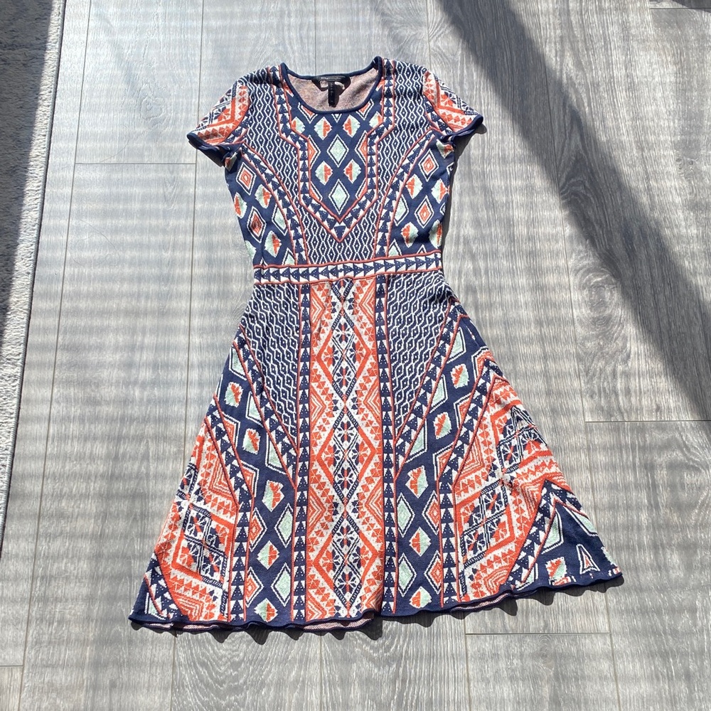 BCBGMaxAzria - Navy & Burnt Orange Silk & Cotton Blend Knit Dress - Size XS